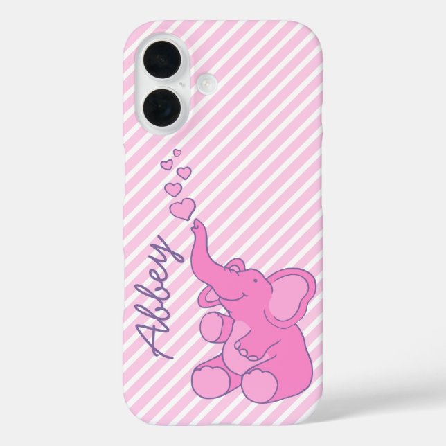 Niedliche rosa Elefantenherzen und -streifen iPhone 16 Hülle (Rückseite)