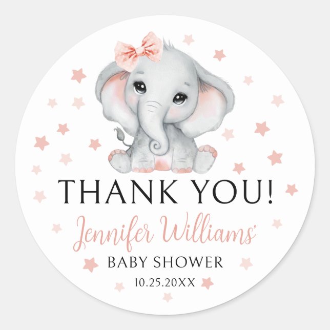 Niedliche Rosa Elephant Stars Babyduschenaufkleber Runder Aufkleber (Vorderseite)