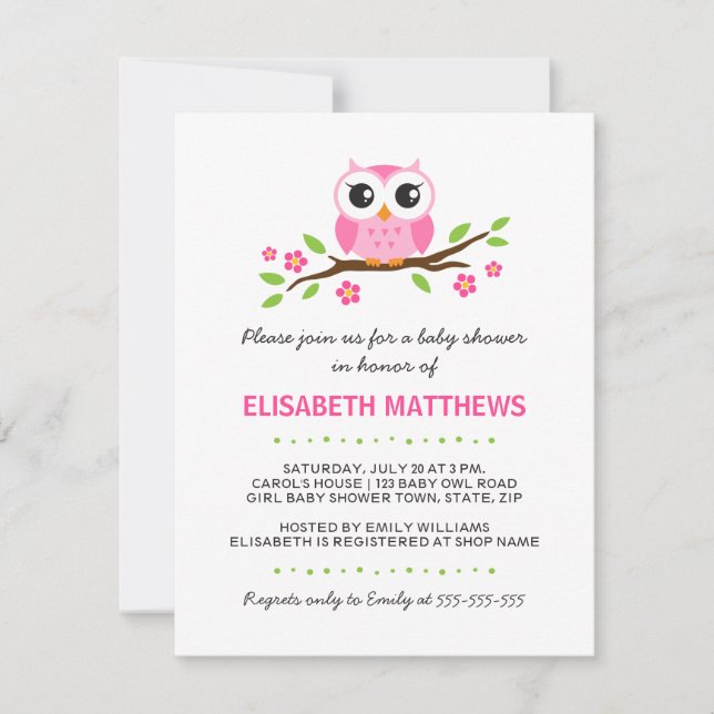 Niedliche Rosa Eule auf Blumenfässern Babydusche Einladung (Vorderseite)