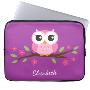 Niedliche rosa Eule auf lila individuellem Namen Laptopschutzhülle