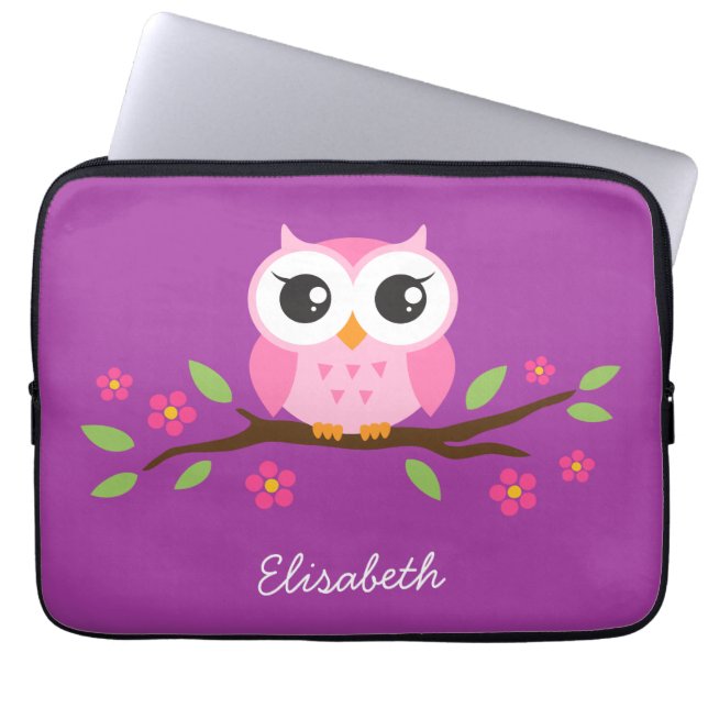 Niedliche rosa Eule auf lila individuellem Namen Laptopschutzhülle (Vorderseite)