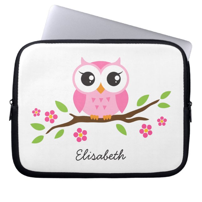 Niedliche rosa Eule auf personalisiertem Namen der Laptopschutzhülle (Vorderseite)
