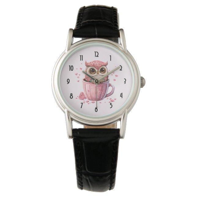 Niedliche rosa Eule im Cup Armbanduhr (Vorderseite)