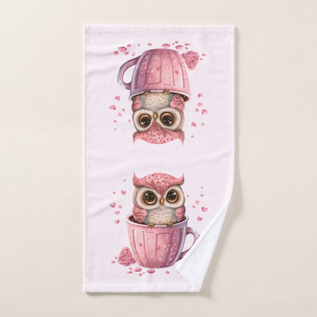 Niedliche rosa Eule im Cup Badhandtuch Set (Handtuch)