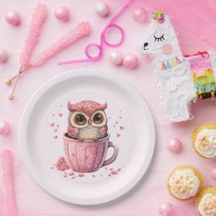 Niedliche rosa Eule im Cup Pappteller