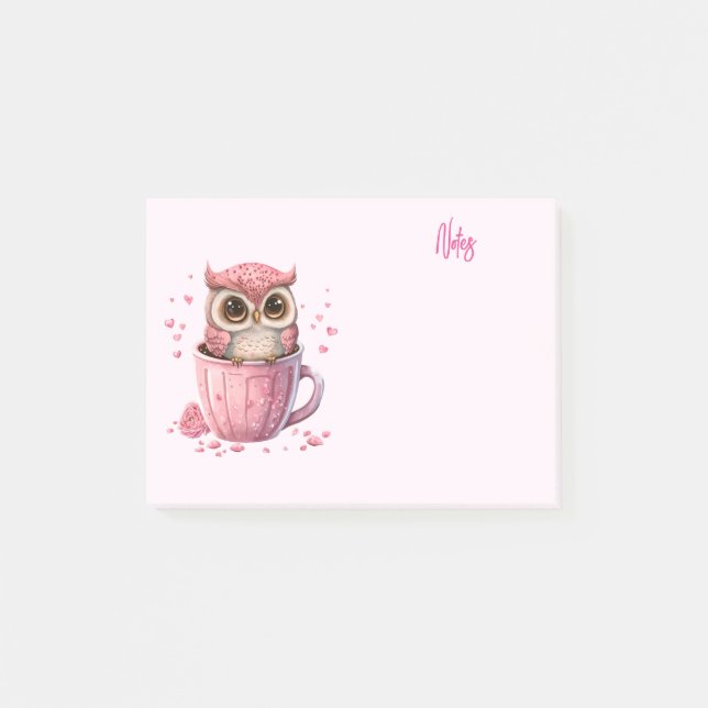 Niedliche rosa Eule im Cup Post-it Klebezettel (Vorderseite)