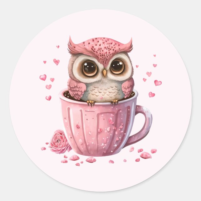 Niedliche rosa Eule im Cup Runder Aufkleber (Vorderseite)