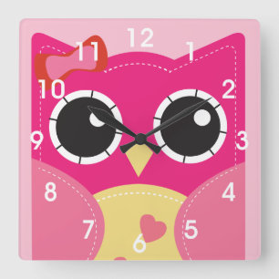 Niedliche rosa Eule Quadratische Wanduhr