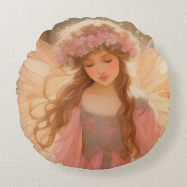 Niedliche Rosa Fairy Fantasy Malerei Rundes Kissen (Vorderseite)