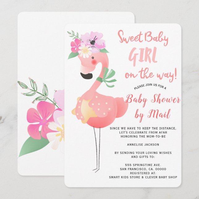 Niedliche Rosa-Flamingo-Babydusche per Post Einladung (Vorne/Hinten)