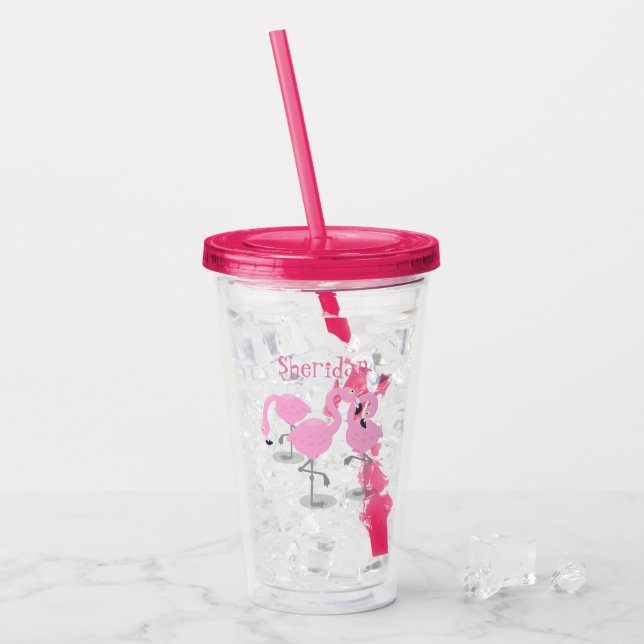 Niedliche Rosa-Flamingo-Trio-Cartoon-Abbildung Acryltrinkbecher (Vorderseite Ice)