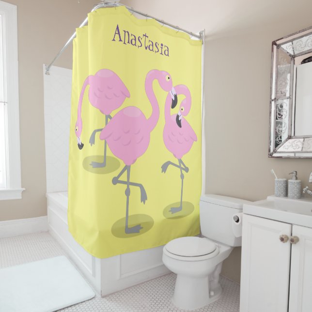 Niedliche Rosa-Flamingo-Trio-Cartoon-Abbildung Duschvorhang (Beispiel)