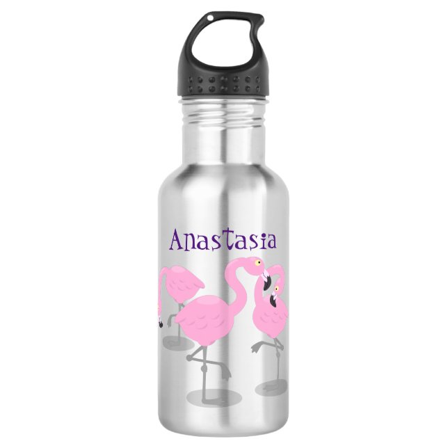 Niedliche Rosa-Flamingo-Trio-Cartoon-Abbildung Edelstahlflasche (Vorderseite)