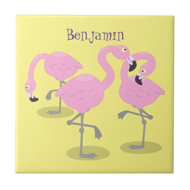 Niedliche Rosa-Flamingo-Trio-Cartoon-Abbildung Fliese (Vorderseite)