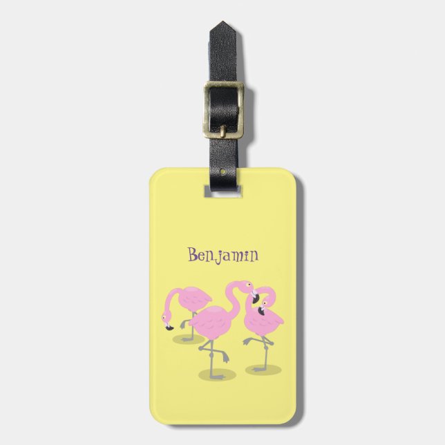 Niedliche Rosa-Flamingo-Trio-Cartoon-Abbildung Gepäckanhänger (Vorderseite vertikal)