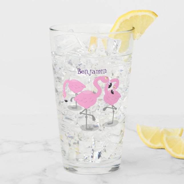 Niedliche Rosa-Flamingo-Trio-Cartoon-Abbildung Glas (Rückseite Ice)
