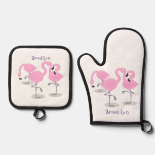 Niedliche Rosa-Flamingo-Trio-Cartoon-Abbildung Ofenhandschuh & Topflappen-Set