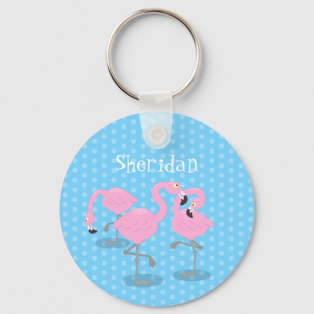Niedliche Rosa-Flamingo-Trio-Cartoon-Abbildung Schlüsselanhänger (Vorderseite)