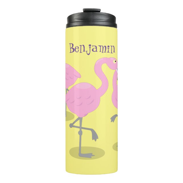 Niedliche Rosa-Flamingo-Trio-Cartoon-Abbildung Thermosbecher (Vorderseite)