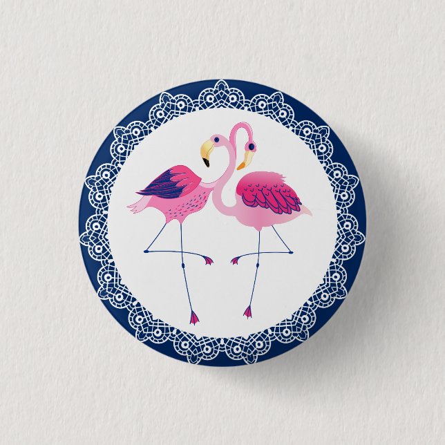 Niedliche rosa Flamingos mit blauer und weißer Spi Button (Vorderseite)
