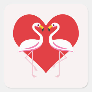 Niedliche Rosa Flamingos mit rotem Herzen Quadratischer Aufkleber