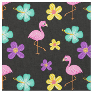 Niedliche rosa Flamingos und Blume Schwarz Stoff
