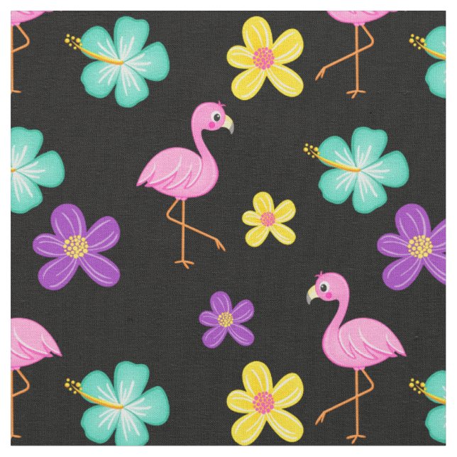 Niedliche rosa Flamingos und Blume Schwarz Stoff (Nahaufnahme)
