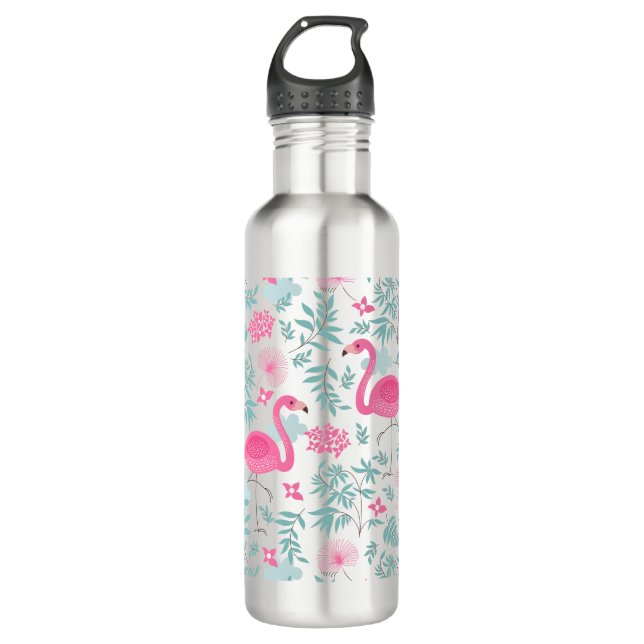 Niedliche rosa Flamingos und tropische Blume Trinkflasche (Vorderseite)