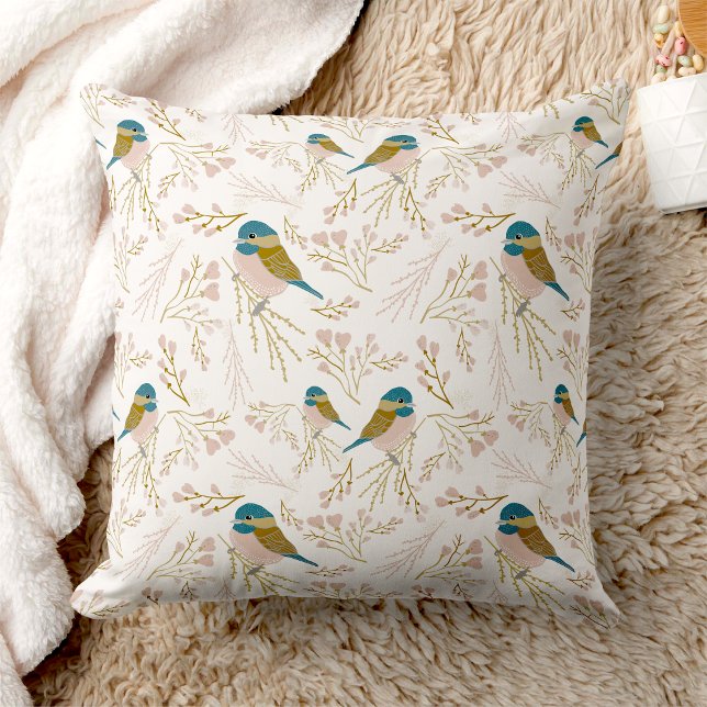 Niedliche Rosa Gold Chickade Bird Blumenstrauß Pri Kissen (Cute Pink Gold Chickadee Bird Floral Hearts Print Throw Pillow from Studio Posies. )