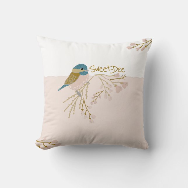 Niedliche Rosa Gold Chickade Bird Blumenstrauß Pri Kissen (Vorderseite)