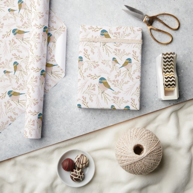 Niedliche Rosa Gold Chickadee Herz-Blumendruck Geschenkpapier (Kunsthandwerk)