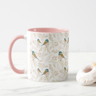 Niedliche Rosa Gold Chickadee Herz-Blumendruck Tasse