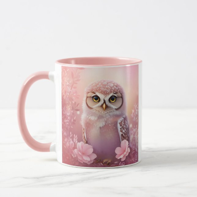 Niedliche, rosa, grasende Eule Tasse (Links)