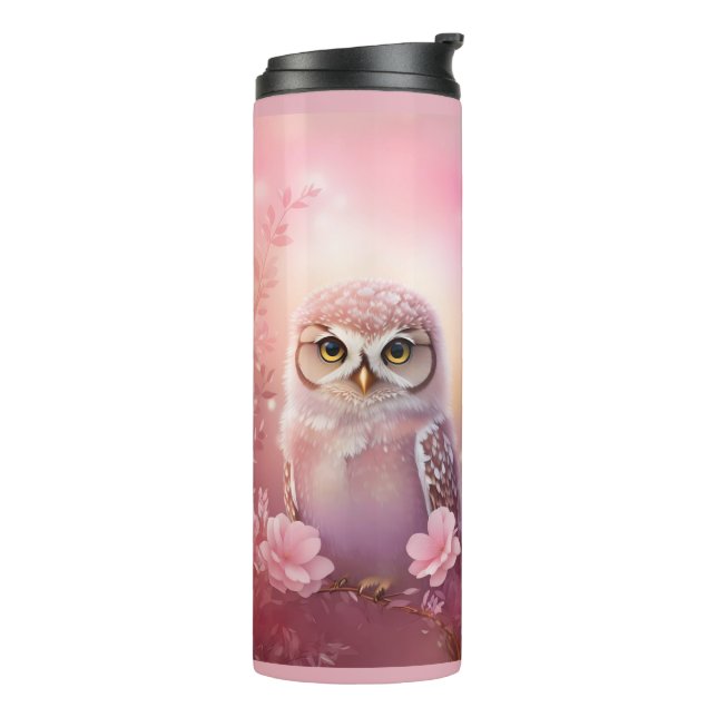 Niedliche, rosa, grasende Eule Thermosbecher (Nach links gedreht)