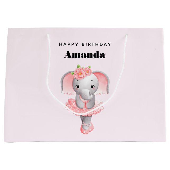Niedliche Rosa & Grau Elephant Ballerina Geburtsta Große Geschenktüte (Vorderseite)