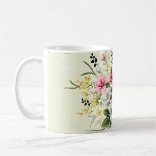 niedliche rosa, graue und gelbe Blumen mit grünem Kaffeetasse