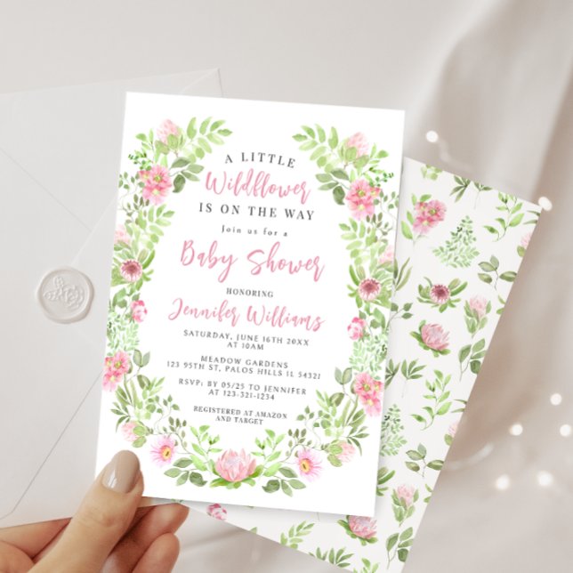 Niedliche, rosa grüne kleine Wildblume Babydusche Einladung (Von Creator hochgeladen)