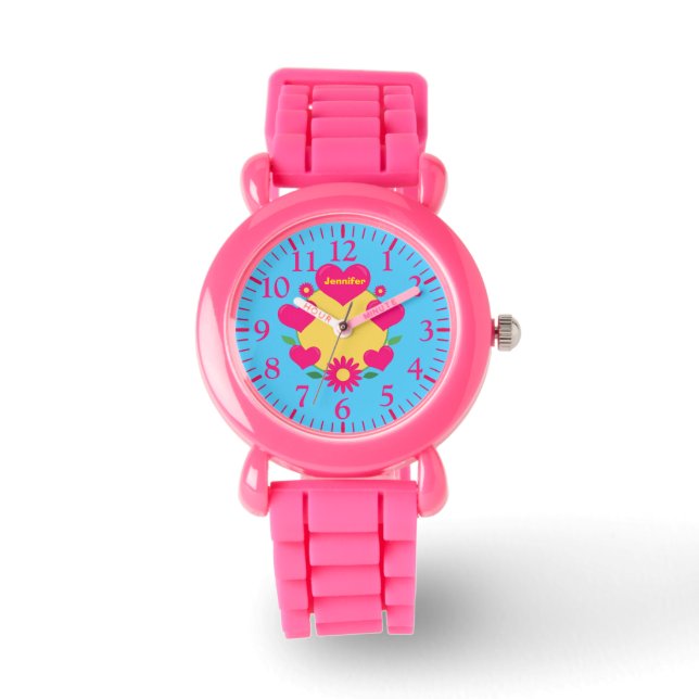 Niedliche rosa gürtelige Herzen und Blume monogram Armbanduhr (Vorderseite)
