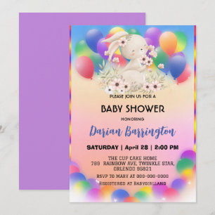Niedliche Rosa Hasen Blume Ballon Babydusche Einladung