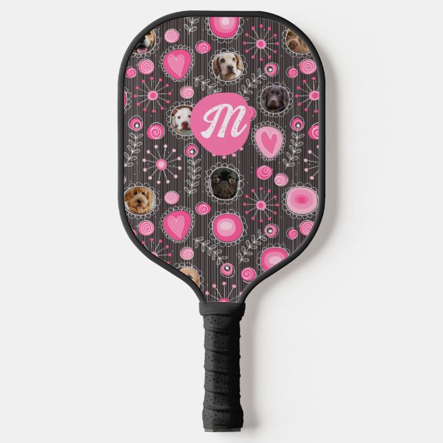Niedliche rosa Herz Blume Monogramm Dosierungskoll Pickleball Schläger (Vorderseite)