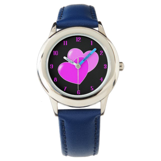 Niedliche rosa Herzen auf Schwarz Schöne Kinder Armbanduhr (Vorderseite)