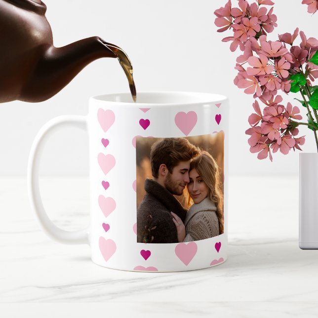 Niedliche rosa Herzen Muster Paar monogramm Foto Kaffeetasse (Cute Personalized Pink Hearts Coffee Mug)
