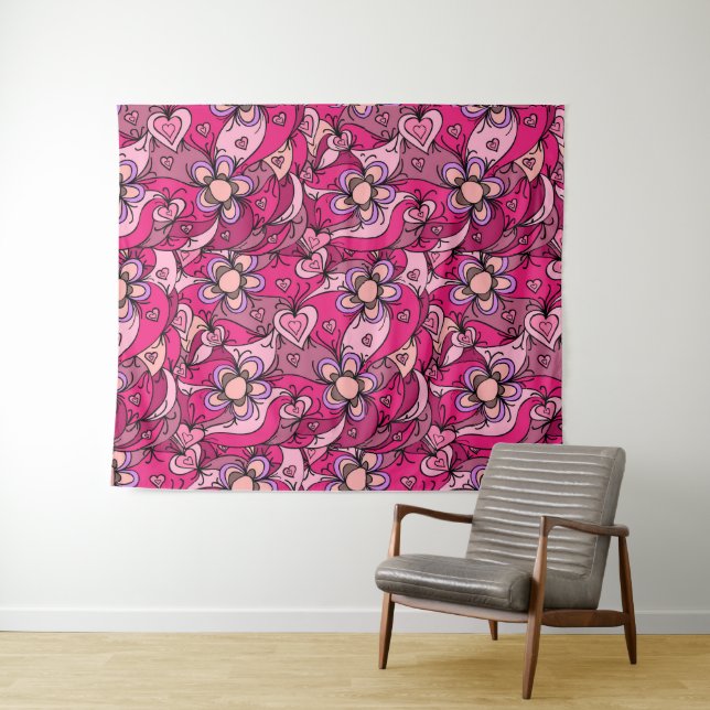 Niedliche rosa Herzen und Blume Wandteppich (Beispiel (Horizontal))