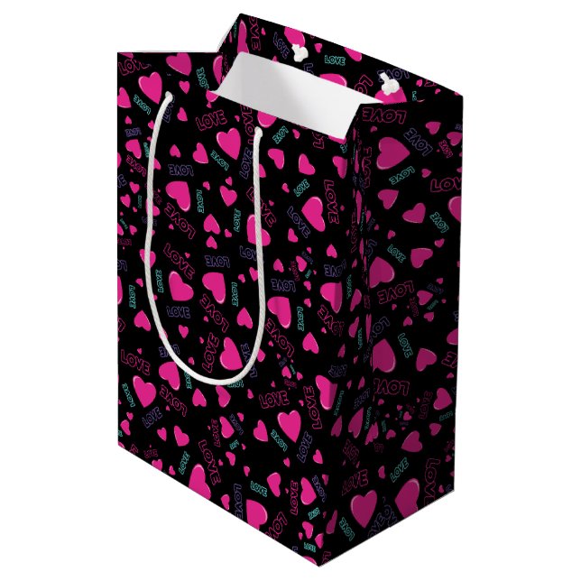 Niedliche rosa Herzen und Liebe - romantisches Mus Mittlere Geschenktüte (Rückseite Schrägansicht)