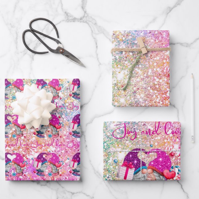 Niedliche rosa Imitate Glitzer Gnome Weihnachten Geschenkpapier Set (Vorderseite)