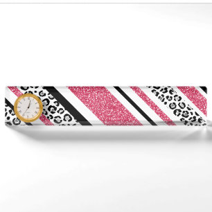 Niedliche rosa Imitate Glitzer Leopardenstreifen Namensplakette