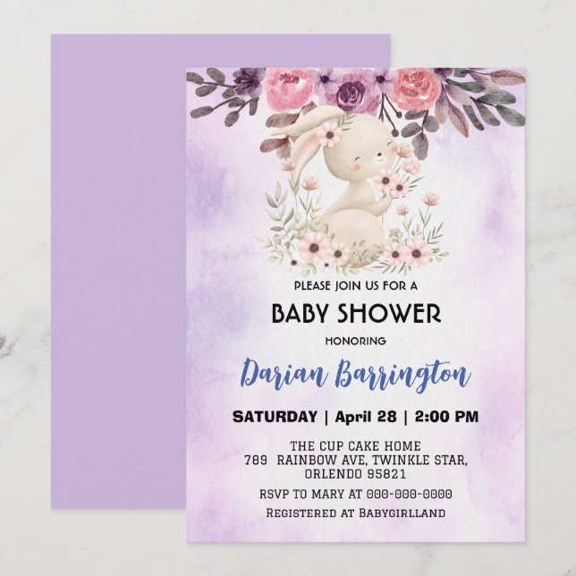 Niedliche Rosa-Kaninchen Blume Babydusche Einladung (Vorne/Hinten)