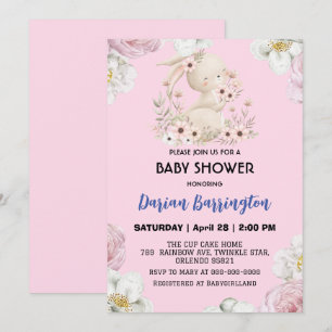 Niedliche Rosa-Kaninchen Blume Babydusche Einladung
