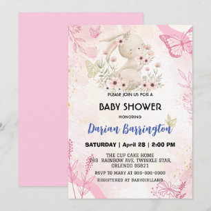 Niedliche Rosa-Kaninchen Blume Babydusche Einladung