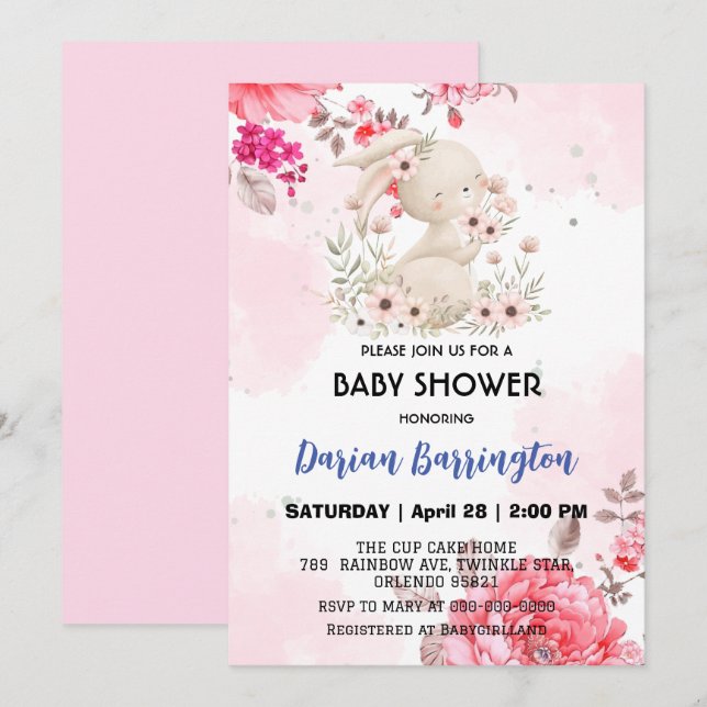 Niedliche Rosa-Kaninchen Blume Babydusche Einladung (Vorne/Hinten)